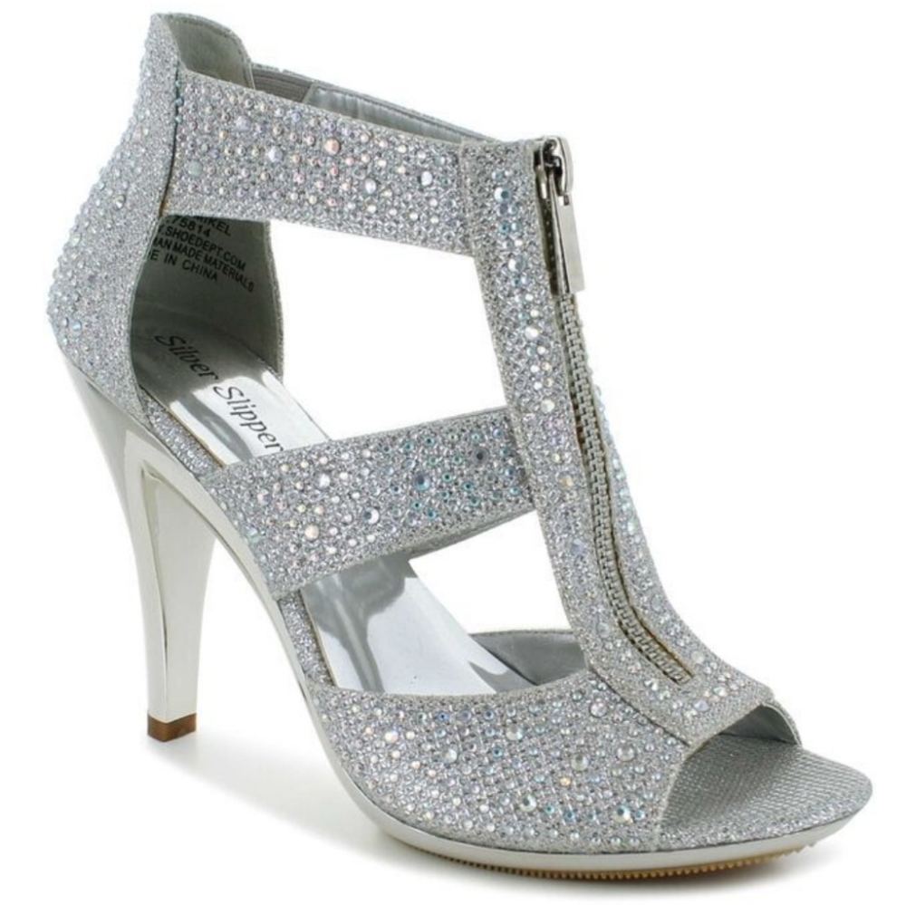 Silver Slipper Mikrl Silver Metallic with iridescent stones 8M Zip front